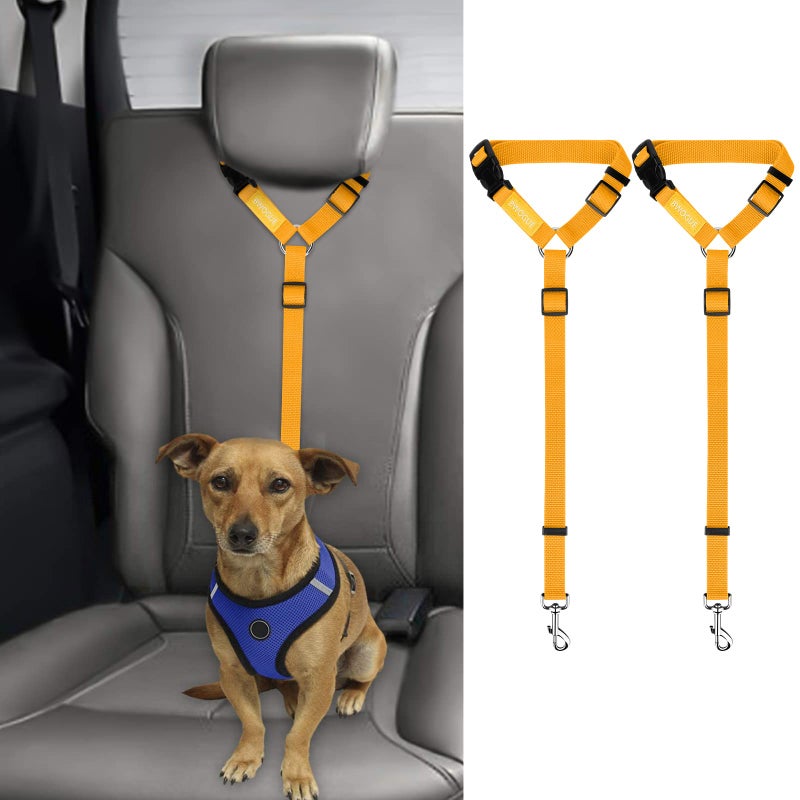 BWOGUE 2 Packs Dog Cat Safety Seat Belt Strap Car Headrest Restraint Adjustable Nylon Fabric Dog Restraints Vehicle Seatbelts Harness Yellow - Image 1